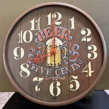 Vintage Beer Five 5 Cents Wall Electric Clock Bar Drink Barrel Faux Wood Spartus