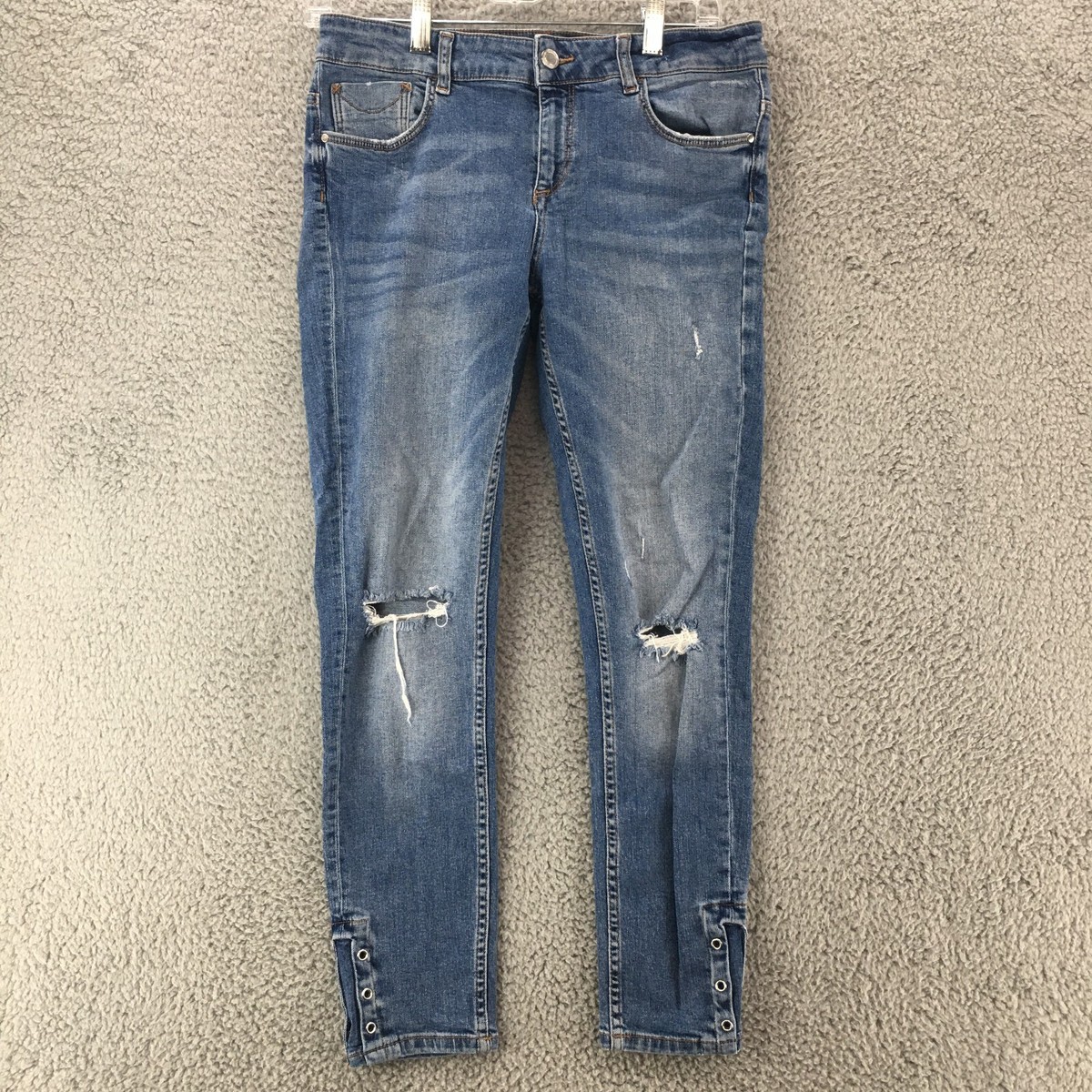 Zara Basic Distressed Skinny Jeans Womens Medium Wash Denim Low Rise Zip  Fly