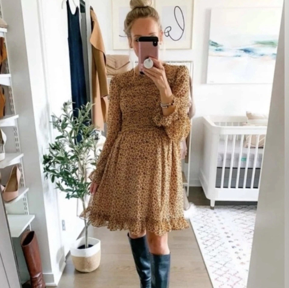 Rachel Parcell Sz. Small Cheetah Dress Print Smocked Ruffle Long Sleeve Flowy