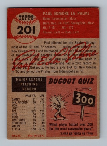 1953 Topps #201 Paul La Palme GD-VG (Falten) Vintage Baseballkarte - Bild 2 von 2