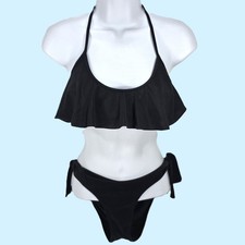 Victoria s Secret Bikini Set Size M Medium Black Ruffle Flounce Top Tie Bottom