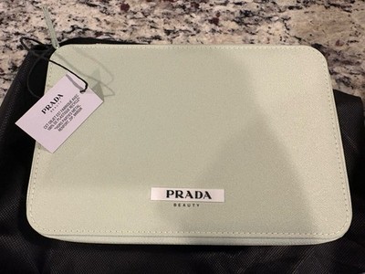  PRADA Beauty Green Hard Makeup Case Zip Pouch w/ Mirror Black Dust Bag