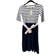 Hope & Henry Organic Cotton Blue/Cream 3/4 Sleeve Dress w/Belt Girls L Striped