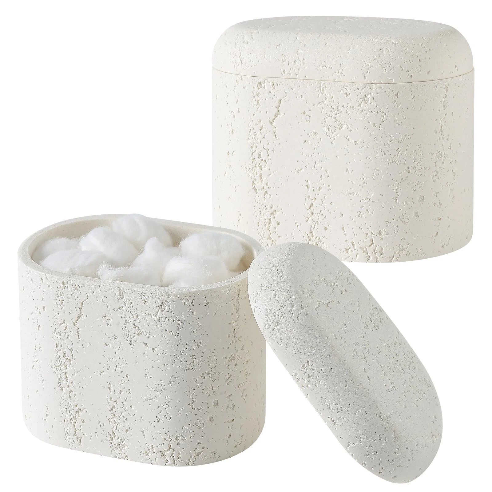 Bathroom Qtip Holder Container, 2-Pack, Travertine Stone Look Storage Jars fo...