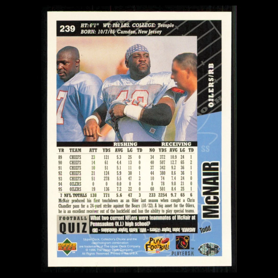Todd McNair #239 1996 Collectors Choice Houston Oilers Football Card NFL NM - Image 2 of 3