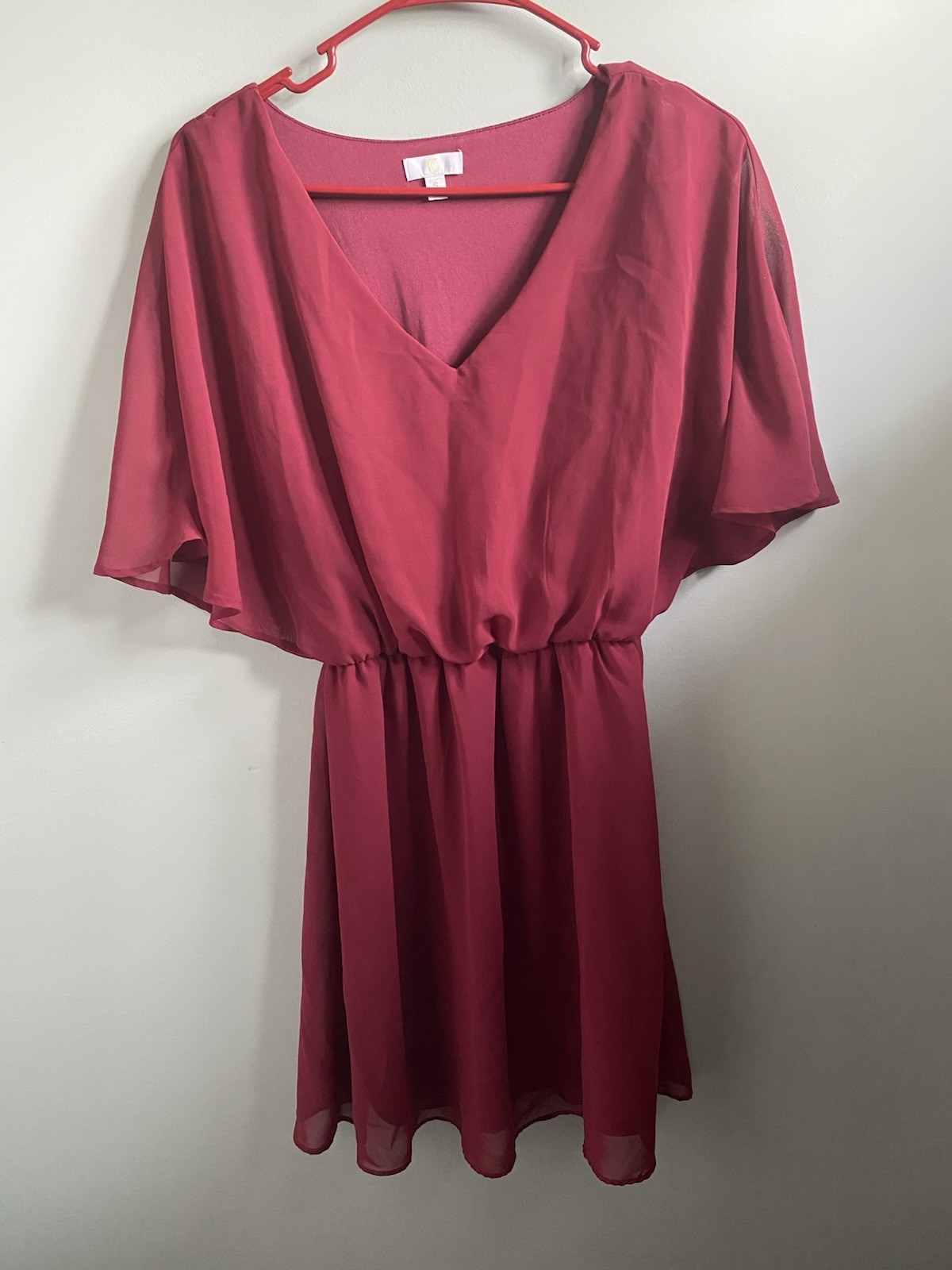 Charming Charlie Burgundy Chiffon Mini Dress V-Neck Flutter Sleeve Women’s Sz S