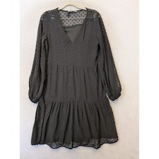Stradivarius Dress Women's M Black Swiss Dot Tiered Mini V-Neck Embroidered LBD