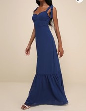 NWT Lulu  s Truly Gorgeous Dark Blue Ruffled Bustier Tie- Strap Maxi Dress Sz M