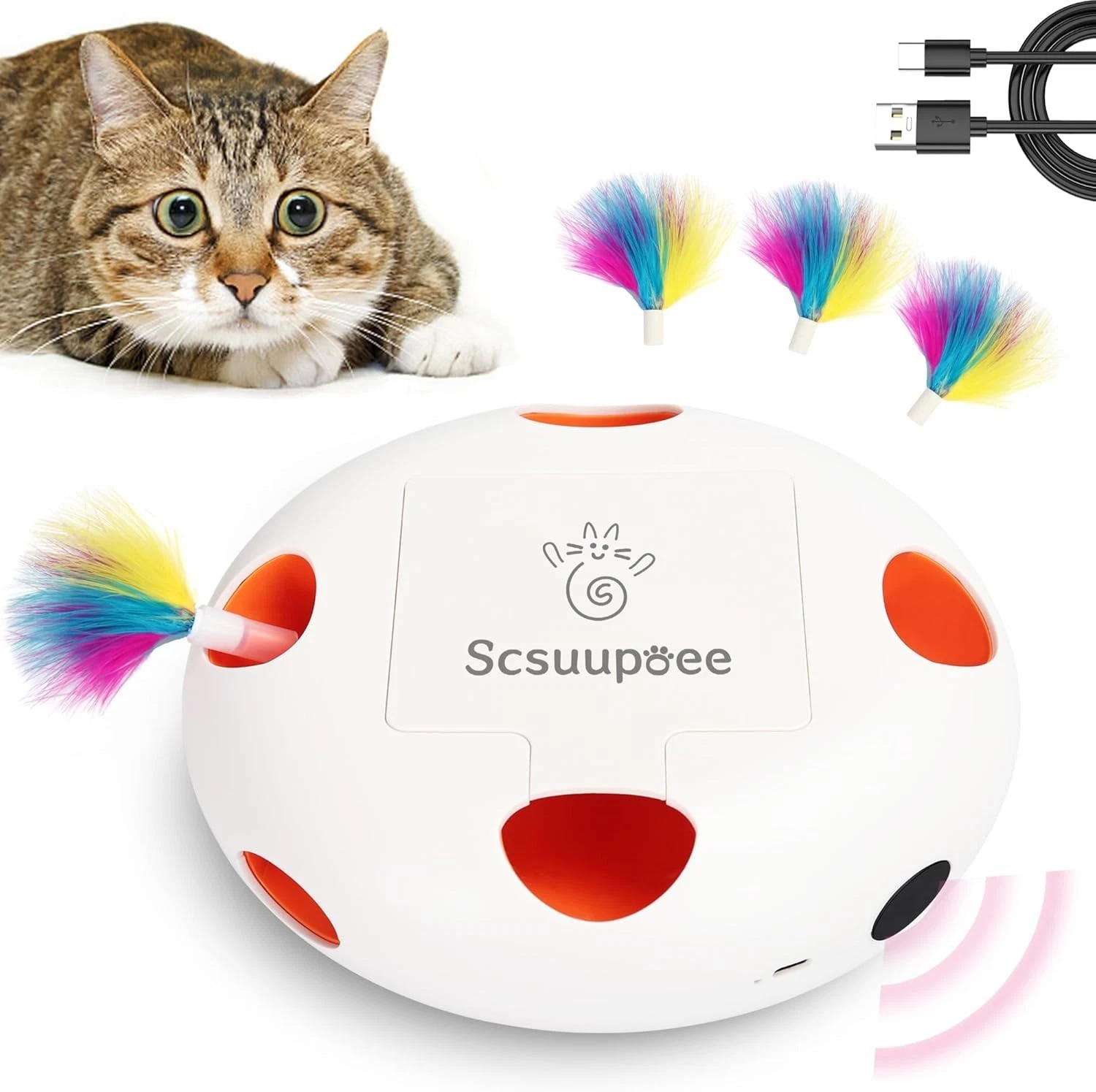Electric Cat Toys for Moving Concealed Feathers,Smart Sensor 7 Holes Feather Toy