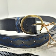 Ceinture Femme cuir noir et bleu, motif uni, boucle ronde métal doré,