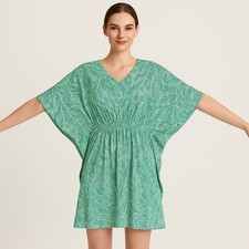 Abito Robbie Bee Caftano Verde Stampa Foglia Manica a Pipistrello Viaggio Crociera Spiaggia L