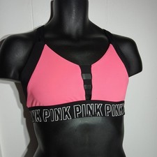 PINK Victoria's Secret Ultimate Unlined Sports Bra Black Pink Strappy Sz LARGE