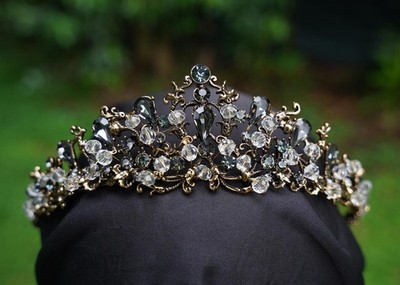 Vintage Gray Crystal Tiara Bridal Goth Crown Birthday Wedding Gift Diadem prom