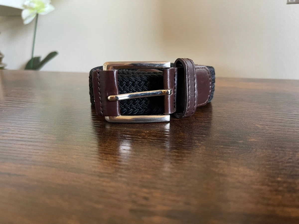 Black Braided Elastic Stretch Belt w/ Stitch Leather Trim 
