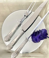 National Silver Co. Vintage Silver Plate 1949 Moss Rose 3-Pc Meat Carving Set