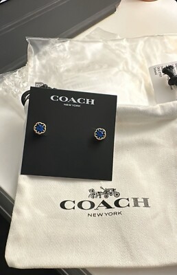 Coach earrings gold tone blue tea rose new genuine