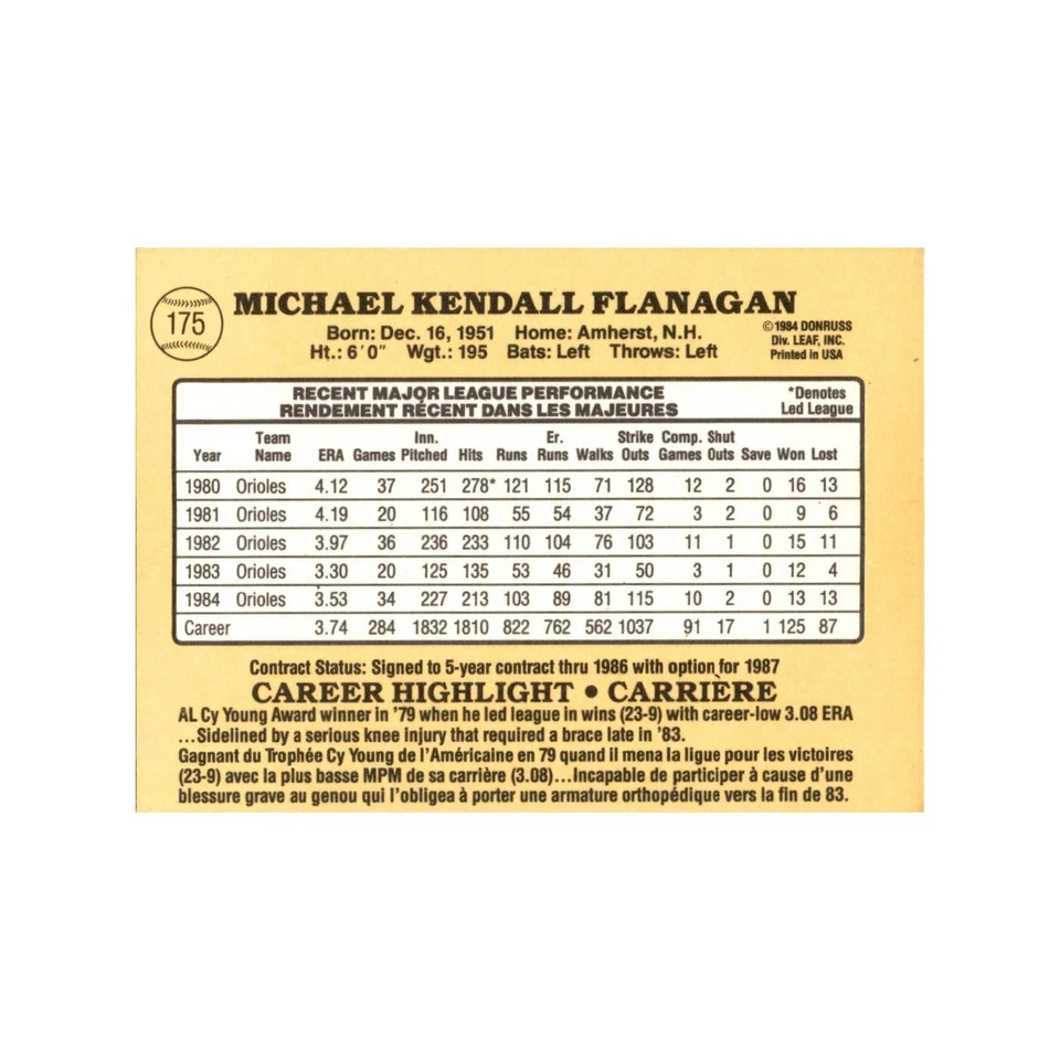 Mike Flanagan 1985 Leaf #175 Baltimore Orioles Baseball Card NM - Image 2 of 3