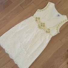 Anna Sui Ivory Lace Gold Tie Belt Mini Dress Raw Edge Scalloped Hem and Neckline