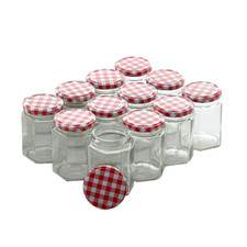 12 x JAM JARS 250ML WIDE MOUTH GLASS PRESERVE POTS GINGHAM RED LIDS MODERN ZENO