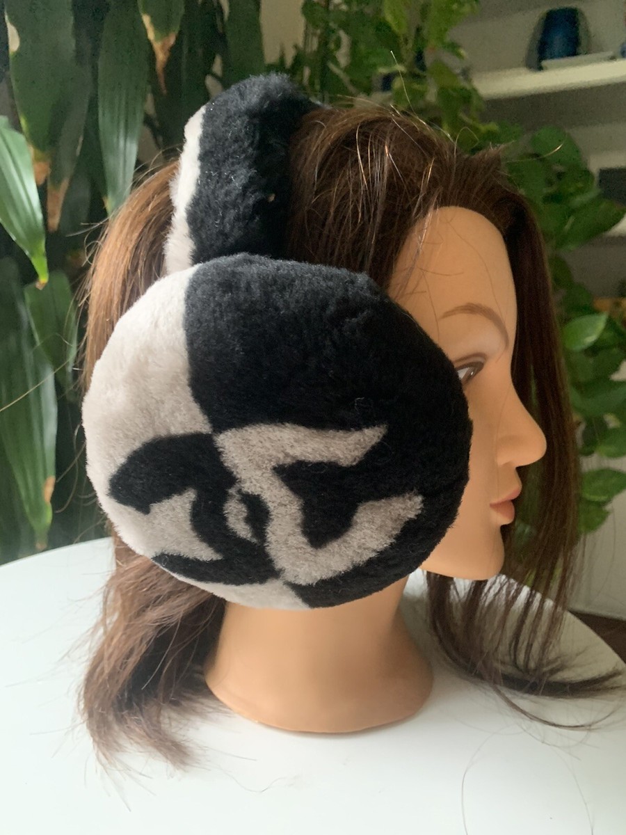 CHANEL New Oversized CC Foldable Earmuffs Black & Gray Shearling