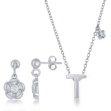 Sterling Silver Shiny "T" with Tiny CZ Flower Necklace and Earrings Set