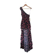 Mac Duggal Black One Shoulder Ruffled Rose Print Layered High-Low Dress NWT 8