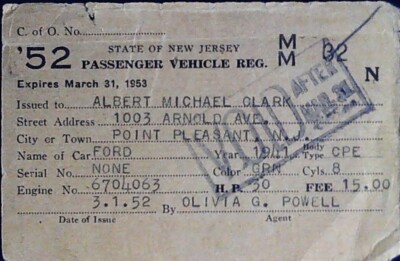 1952 Car Registration Ford Coupe Auto State Document Point Pleasant New Jersey