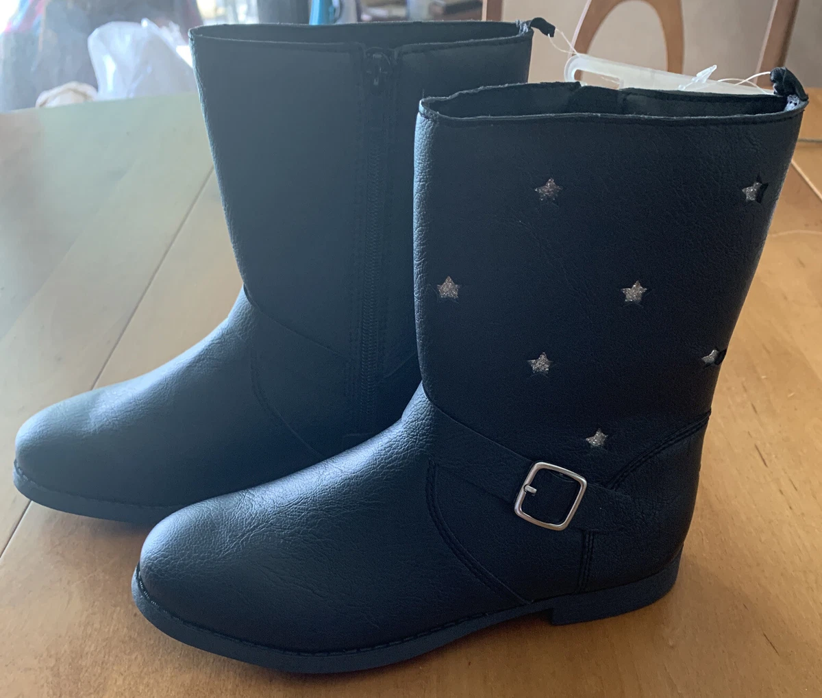 OshKosh B Gosh Girls Tamiko Star Boots Black Silver Faux Leather