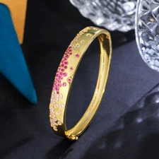 Round Pink Red Open Cuff Bangle 18k Yellow Gold Plated CZ Wedding Party Jewelry