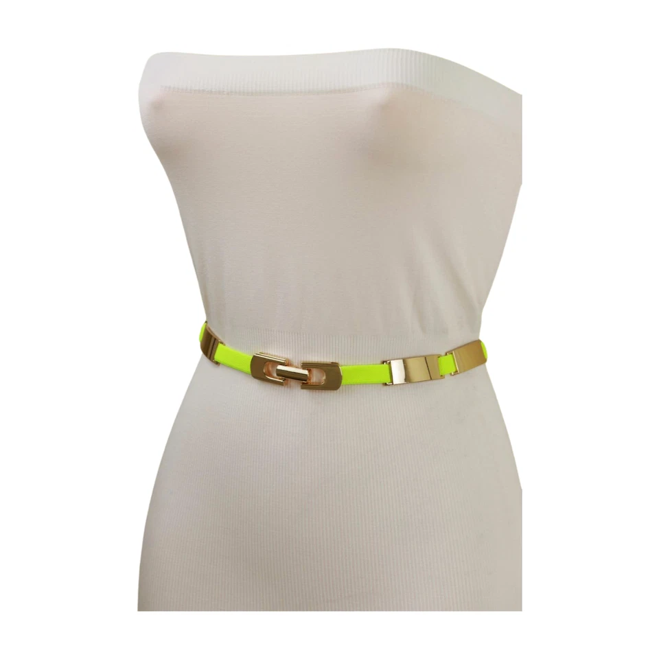 Mujeres Amarillo Neón Elástico Cinturón Ajustado Cadera Cintura Alta Dorado Metal Hebilla S M L Foto 2 de 4
