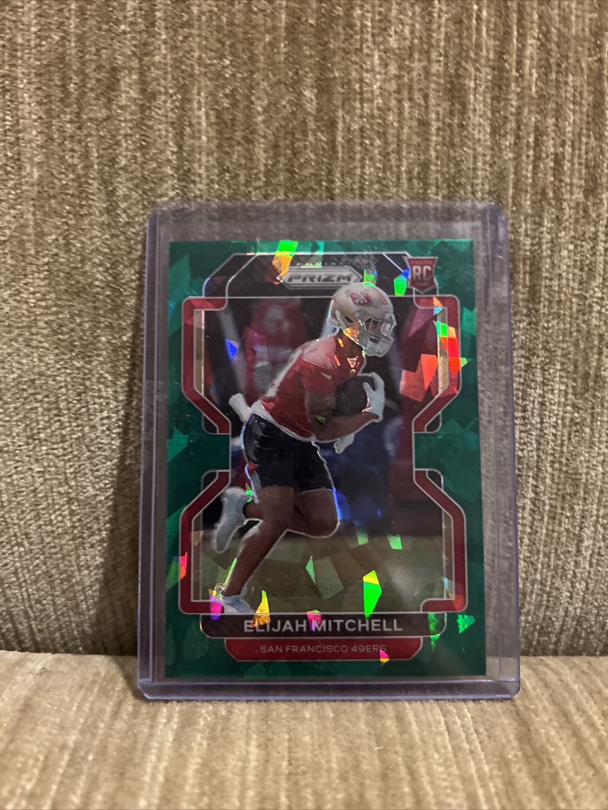 2021 Panini Prizm ELIJAH MITCHELL RC Green Cracked Ice Prizm RARE SSP #399