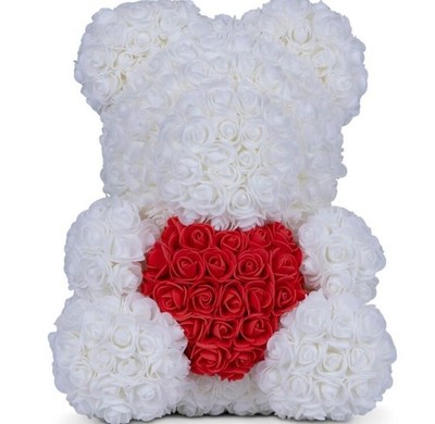 Weiße Blume Geschenk Bär 40 cm mit Herz und Diamant, für alle Anlässe 