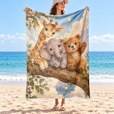 Giraffe Elephant Bear and Tree Branch Coral Fleece Blanket