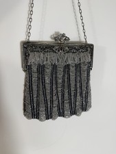 Vintage Art Deco Beaded Evening Bag Silver Glass Beads Chain Purse