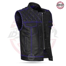 BlackTop® Diamond Leather Motorbike Vest, Concealed Blue Motorcycle Waistcoat