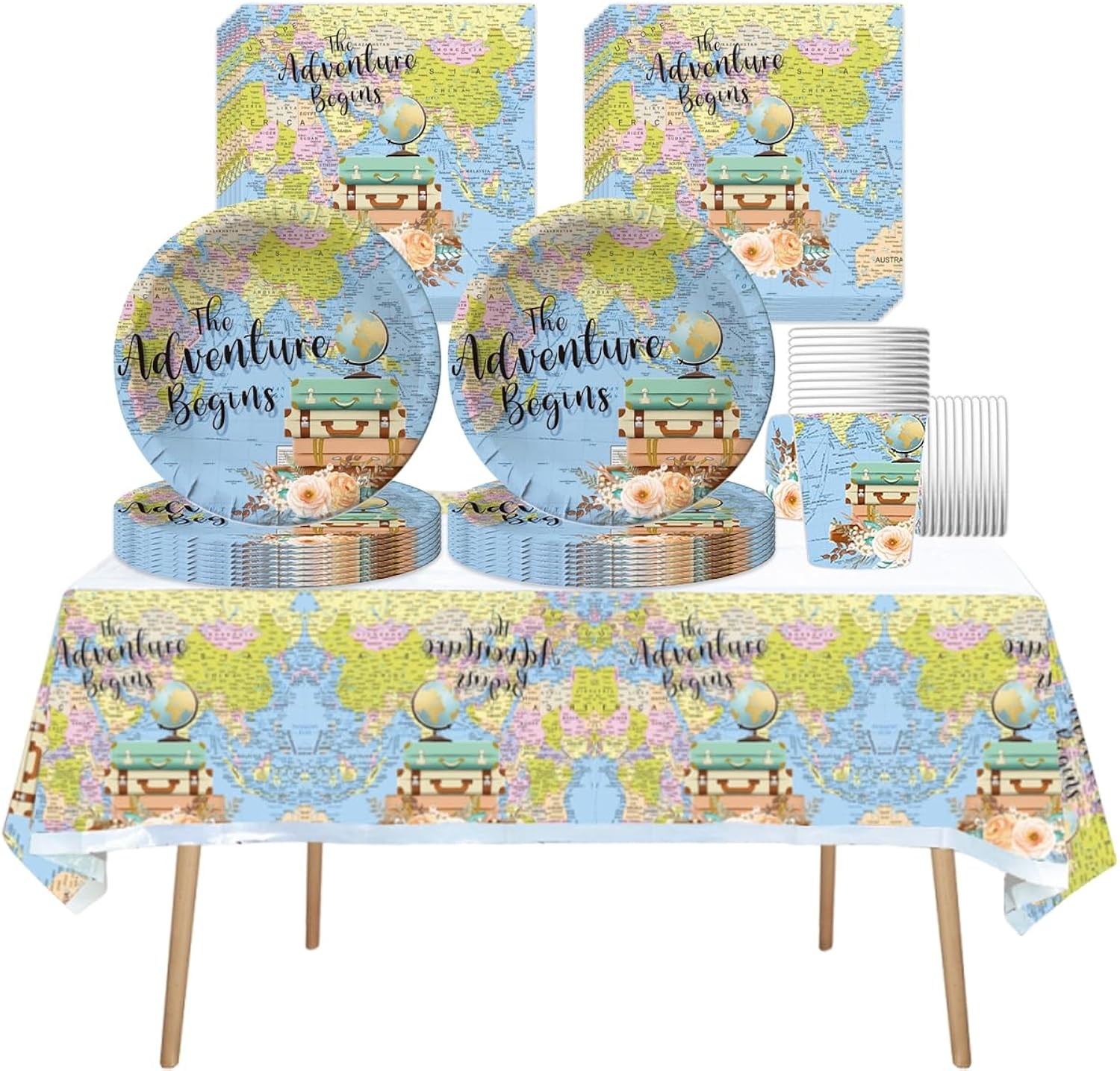 61 Piece Explorer World Map Birthday Party Tableware Set - Kids Travel Theme