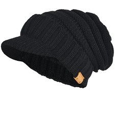 Mens Womens Thick Fleece Lined Knit Newsboy Cap Slouch Beanie Hat Thick-black