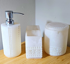 White Modern Geometric 3pc Bathroom Set: Soap Dispenser, Tumbler, Toothbrush