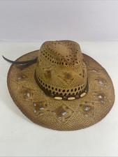 Mexico Handmade Brown Straw Western Pinch Front Hat W/Leather Concho Hatband M