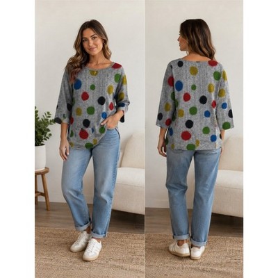 Ali Miles Tunic Top Size Medium Gray with Colored Circles Artsy Lagenlook