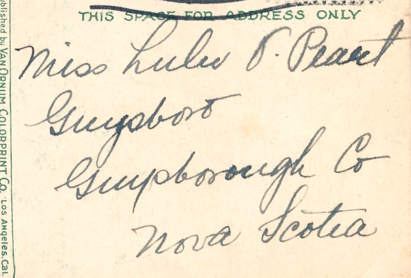 TO: MISS LULU F. PEARL, GUYSBORO, GUYSBOROUGH CO., NOVA SCOTIA. 1914. FROM ALICE