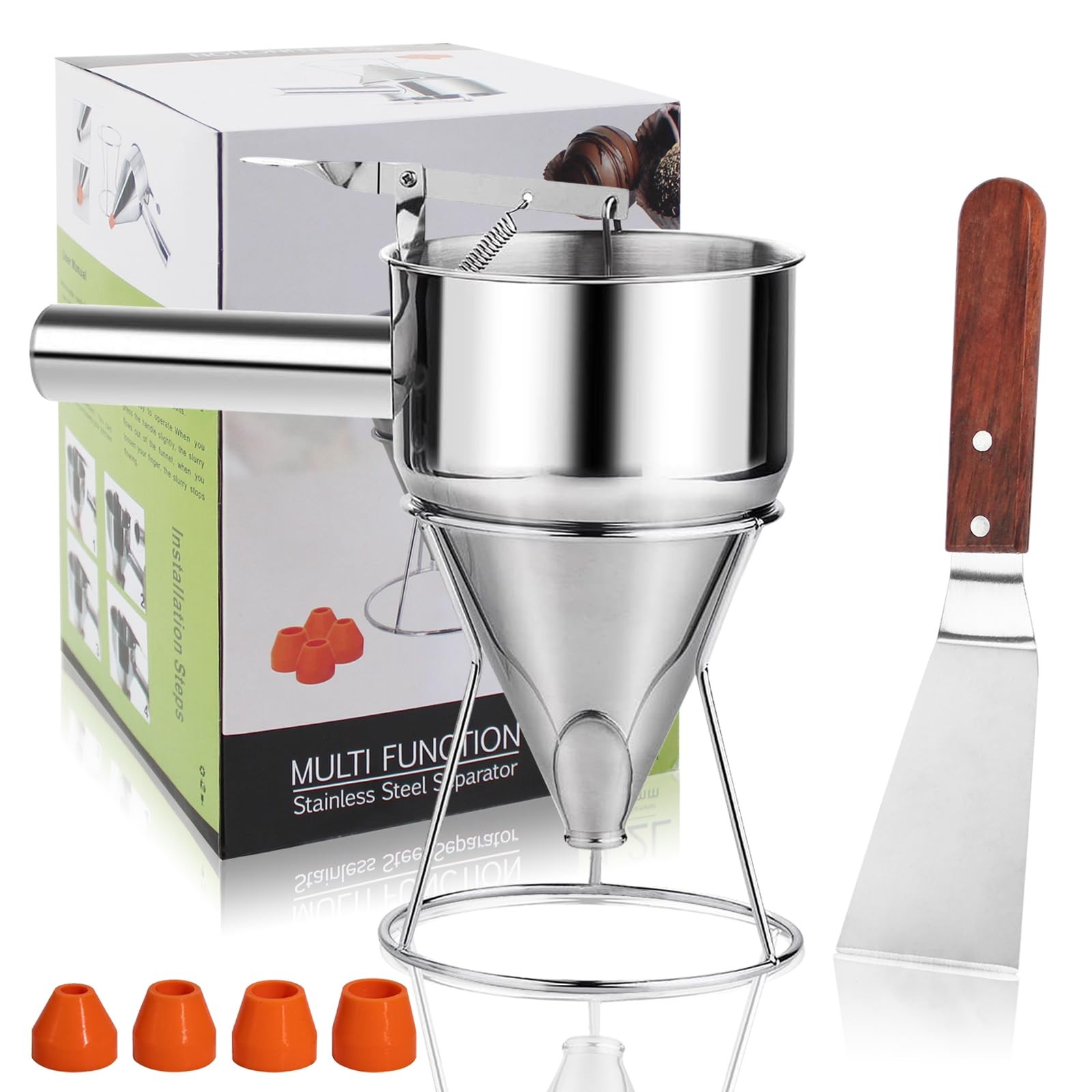 40oz Pancake Batter Dispenser Stainless Steel with Metal Spatula, Stand, Sque...