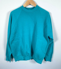 90s Blank Sweatshirt Men's Large Teal Crewneck Raglan Sleeves Cotton Blend Solid