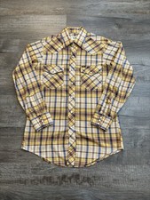 VTG Lee Pearl Snap Shirt MD Made In USA Union Gold Blue Plaid Western 70s B42