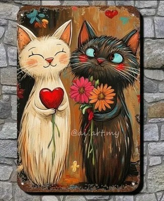 Retro Cartoon Cat Couple Metal Sign 2D Flat Heart Flwr Wall Art Cute Decor 8x12