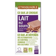 *LOT DE 3*  chocolat Bio Ethiquable lait riz soufflé 32% cacao Pérou 100g
