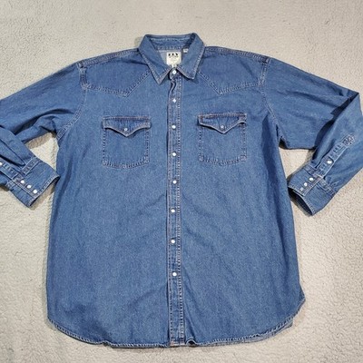 Ely Cattleman Shirt Mens 2XL Tall Blue Denim Pearl Snap Western Cowboy Yoke