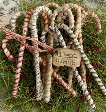 12 Primitive Rag Ticking Fabric Wrapped Candy Canes Christmas Ornaments Grubby