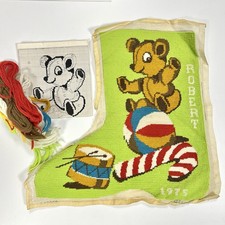 1975 Needlepoint Boot green Stocking Canvas UNFINISHED Teddy Bear Toys Lee Wards