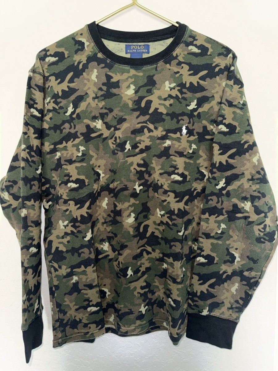 Polo Ralph Lauren Camo Waffle Textured Crew Neck Thermal Sweater 